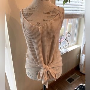 Dusty Pink Tie Front Waffle Knit Tank Top